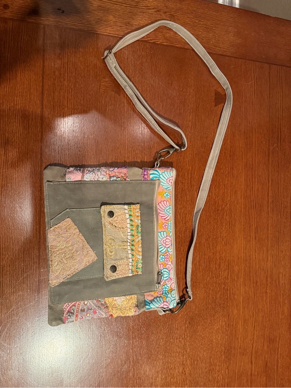 Taupe Patchwork Floral Crossbody Bag with Multicolor Accents